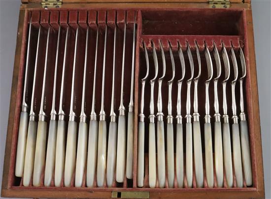 A cased set of twelve pairs of George III/IV mother of pearl handled silver dessert eaters by William Knight,